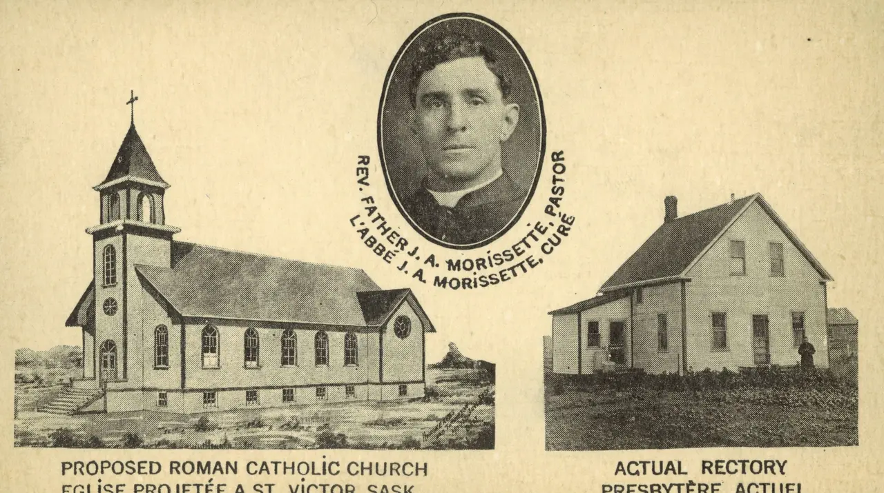 Proposed Catholic church and rectory with Father Morissette, St. Victor, about 1915